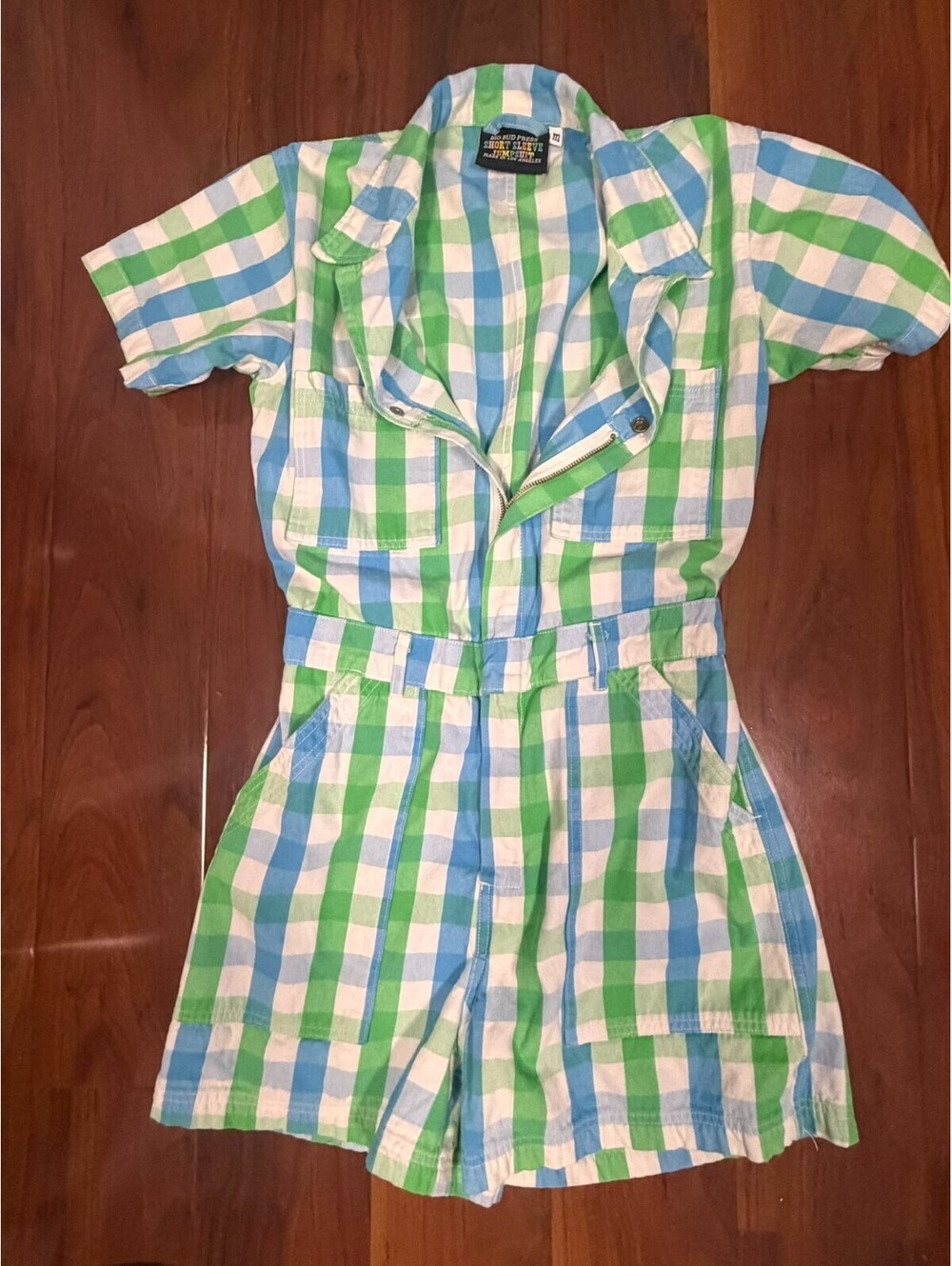 Women's Big Bud Press Short Sleeve Short Jumpsuit Plaid Green Blue SZ M Romper